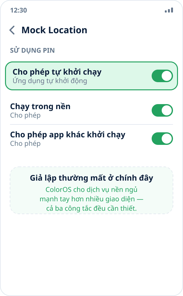 Quản lý ứng dụng trên ColorOS: cho phép tự khởi chạy và hoạt động nền cho Mock Location