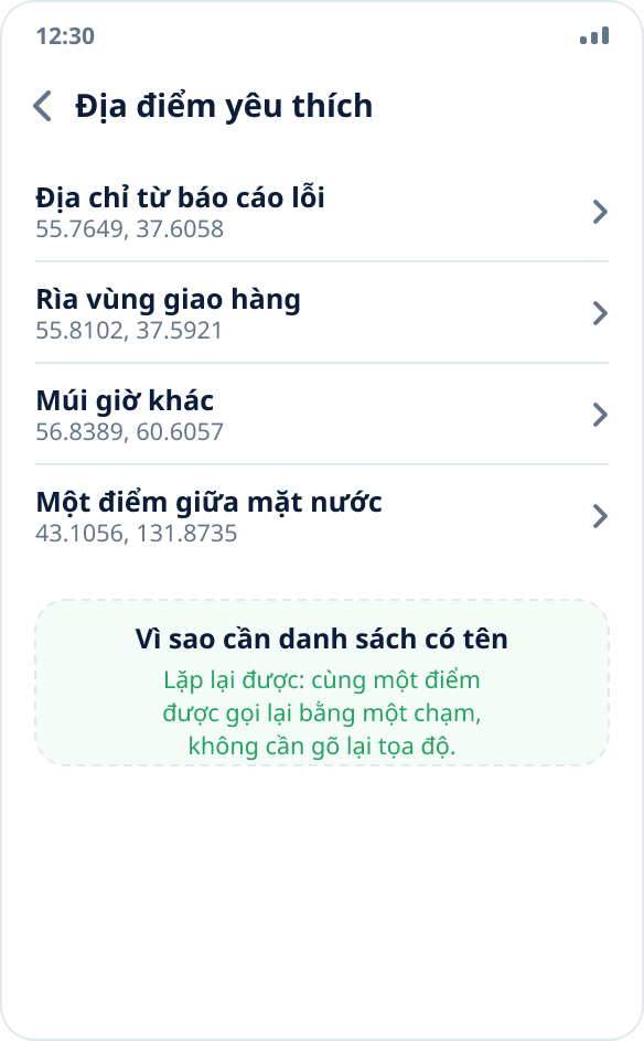 Danh sách địa điểm yêu thích trong Mock Location: bộ điểm chuẩn cho các lần chạy thử lặp lại