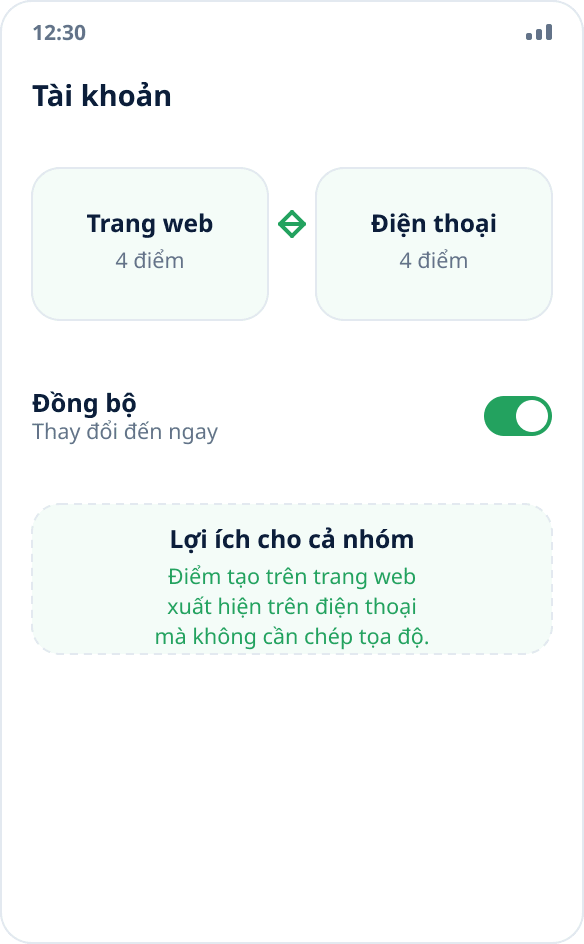 Đồng bộ bộ điểm giữa trang web và các thiết bị thử nghiệm qua tài khoản
