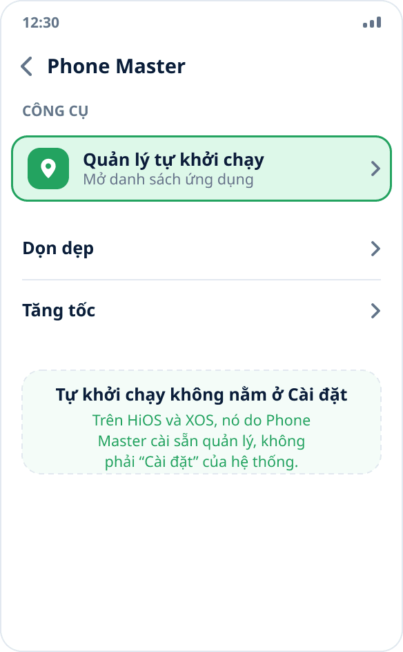 Ứng dụng Phone Master trên Tecno và Infinix: mục “Quản lý tự khởi chạy” với công tắc đang bật
