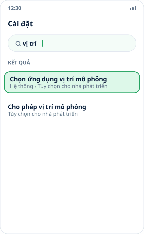 Tìm trong cài đặt Android: tìm thấy mục “Chọn ứng dụng vị trí mô phỏng”