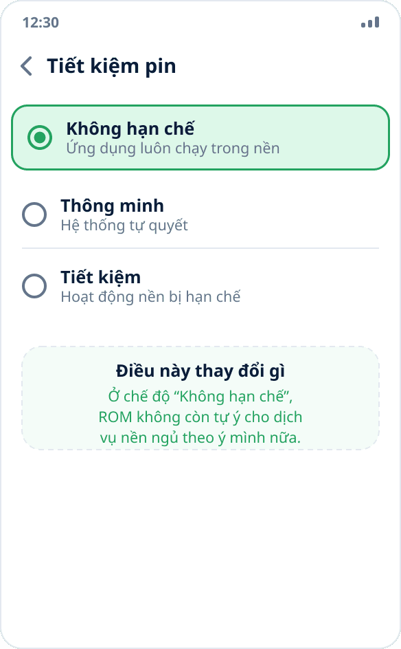 Chọn chế độ tiết kiệm pin cho ứng dụng: “Không hạn chế” được chọn